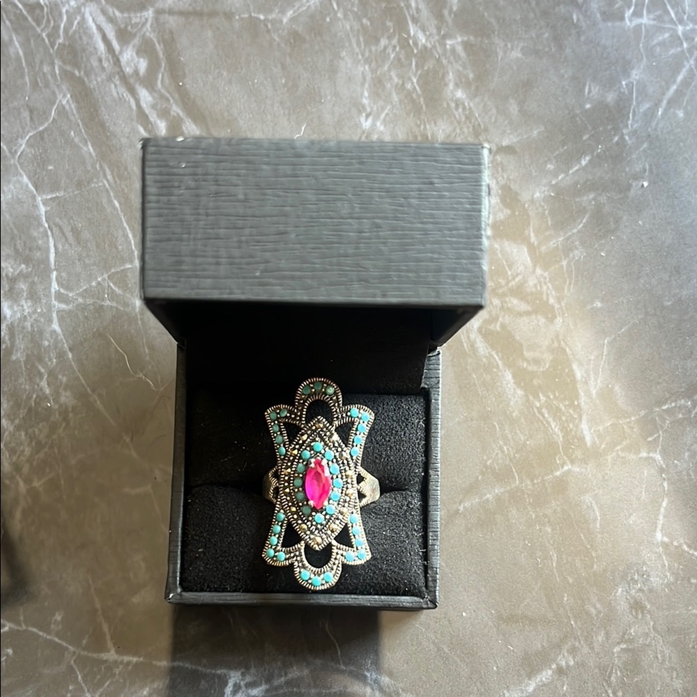 Fun Sterling Silver Turquoise and Pink Cocktail Ring